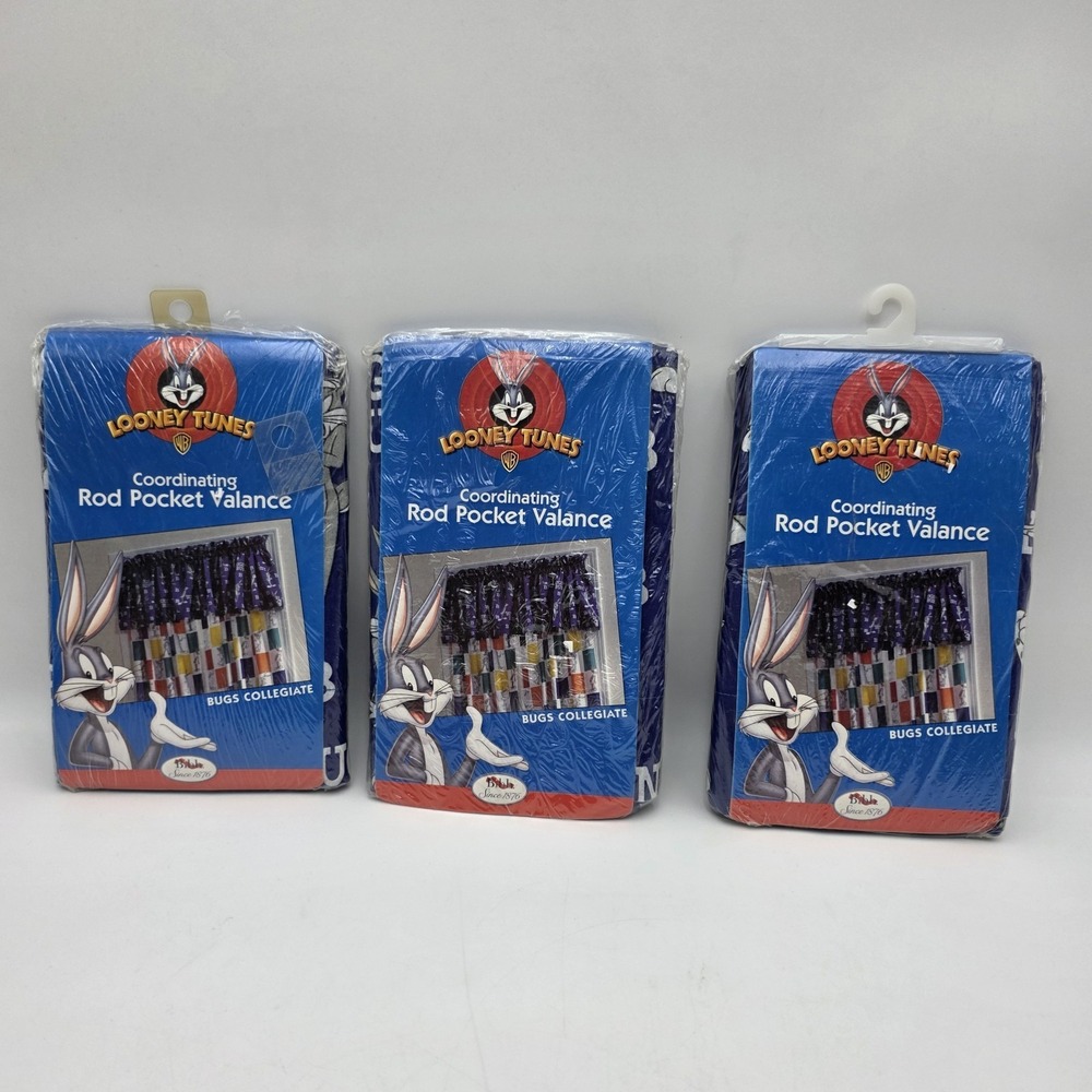 Lot of 3 Bugs Bunny Looney Tunes Blue Coordinating Rod Pocket Valance 84" x 15"